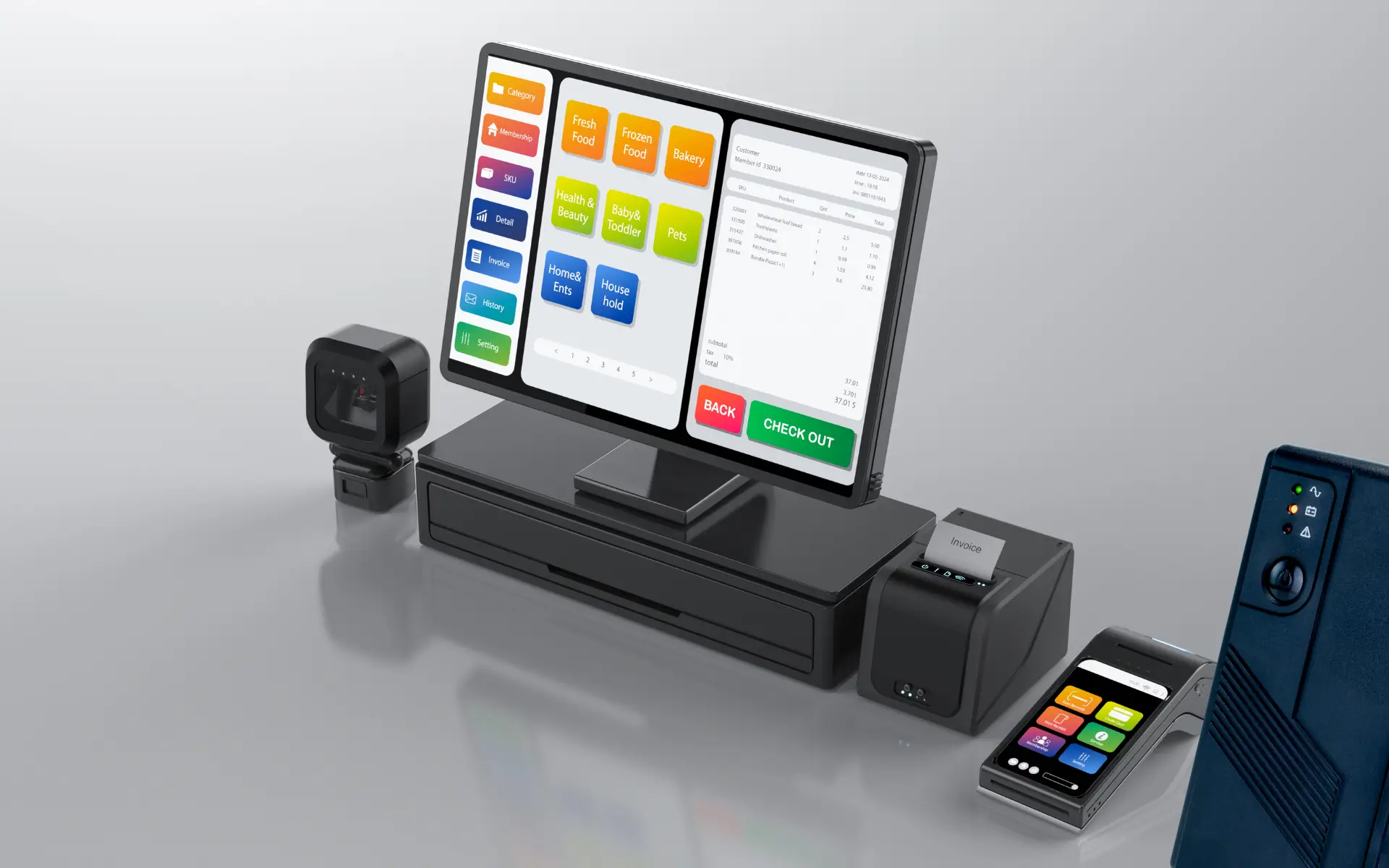 Complete POS hardware setup with monitor printer scanner cash drawer and UPS